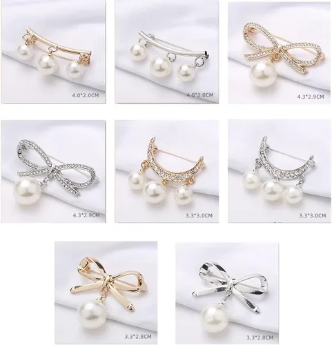 Vista 2 de Broche de lazo de perlas para mujer, 8 piezas, accesorios de ropa, suéter antirreflejo, broche de perlas para niñas y mujeres, Zinc, Pirita de hierro