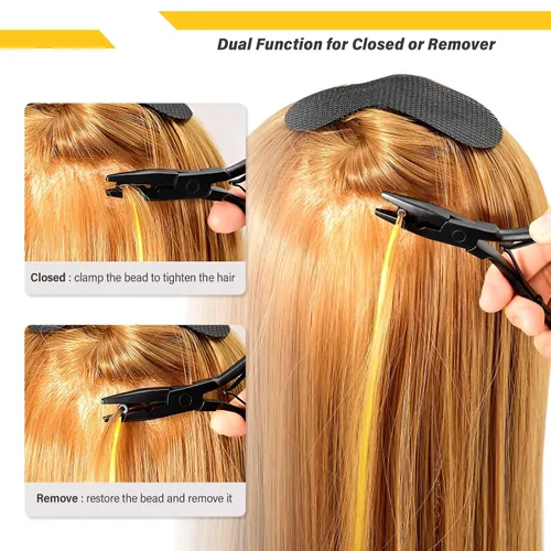 Vista 4 de Gomake Juego de extensiones de cabello cerradas y removedoras de alicates, micro anillos de silicona, extensiones de cabello, aguja de bucle, Negro