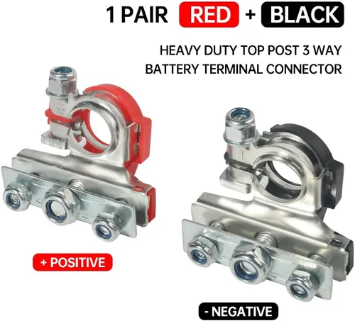 Vista 2 de Paquete de 2 terminales de cable de batería de poste superior automotriz de 12 V, kit de conectores de abrazadera, terminales de batería de 3 vías