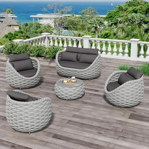 Vista 12 de Juego de muebles de patio de aluminio de 3 piezas: cuerda tejida a mano para conversación al aire libre, juego de 2 cojines modernos montados, juego