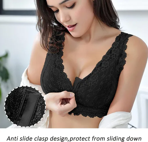 Vista 7 de Sujetador de encaje floral con cuello en V para mujer, bralettes de encaje sin aros con soporte push up y cierre frontal