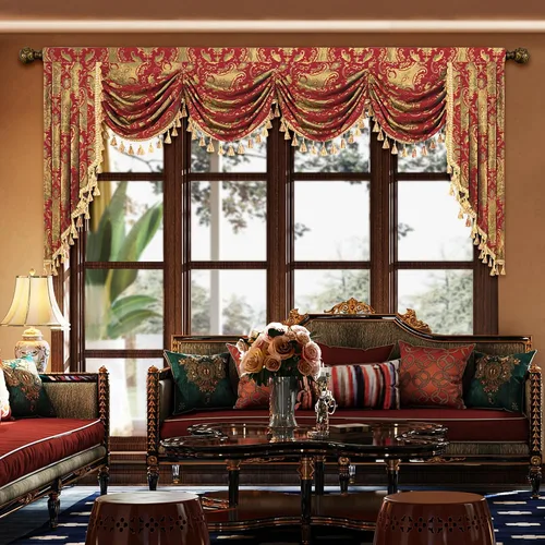 Vista 49 de Loom and Mill Cenefa de cascada de lujo de jacquard para sala de estar, elegantes cenefas de ventana con festones y cuentas damascadas, cortinas