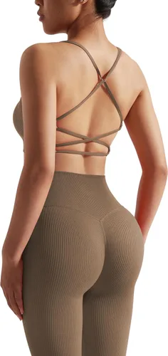 Vista 5 de OMKAGI Conjunto de entrenamiento acanalado para mujer, sin costuras, brasier deportivo con tiras y levantamiento de glúteos