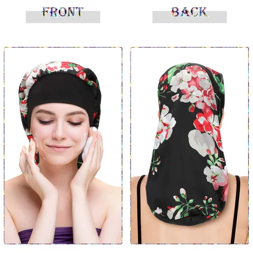 Vista 5 de SATINIOR - Gorro de satén de pelo largo para dormir, estampado (6 unidades) Gorro de trenza extra grande con banda elástica de seda para dormir