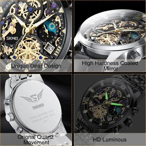 Vista 4 de Mens Watches, Upgraded Gear Design Mens Skeleton Watch, Chronograph Luxury Diamond Dress Business Analog Quartz Wrist Watches for Men, 100fts