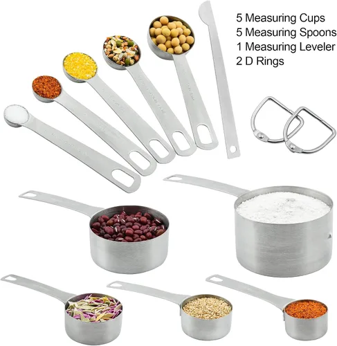 Vista 5 de Juego de 11 tazas y cucharas medidoras de acero inoxidable 18/8, tazas medidoras de metal con juego de tazas medidoras de 1/8, juego de taza