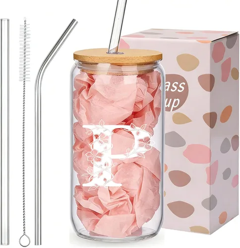 Vista 22 de Regalos personalizados para mujeres, tazas de vidrio con monograma con tapas y pajitas, regalos personalizados para mujeres, vasos de café helado