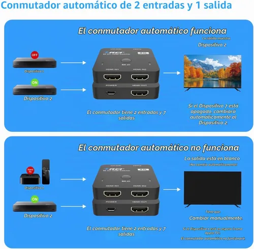 Vista 5 de OREI Interruptor HDMI 2.1 de 2 puertos 8K, 8K a 60Hz, 4K a 120Hz Negro azabache