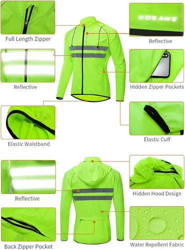 Vista 5 de WOSAWE - Chaqueta de ciclismo con capucha, ligera, cortavientos