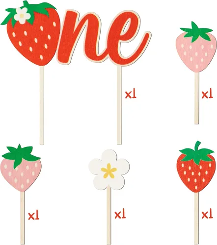 Vista 3 de Decoración para magdalenas de primer cumpleaños, 5 piezas de lindo pastel de margaritas fresas de madera, decoración de pastel para niños de un año