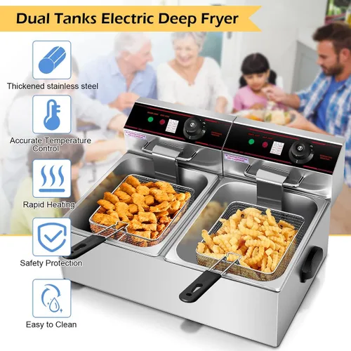 Vista 3 de KOTEK Freidora profunda con 2 canastas, freidora de encimera de acero inoxidable de 3400 W con tanques dobles extraíbles, control de temperatura