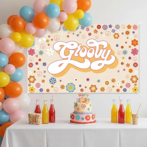 Vista 5 de Groovy - Pancarta de fondo para fiesta de cumpleaños, 6 x 3.6 pies, hippie para decoración de cumpleaños, diseño de margaritas, decoración bohemia