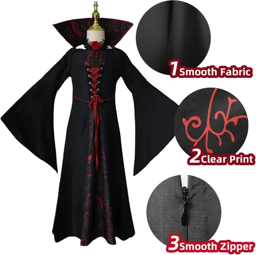 Vista 5 de Disfraz de vampiro para niñas disfraz real de Halloween con gargantilla de vampiro vestido medieval gótico vampiro fiesta de miedo para niños reina