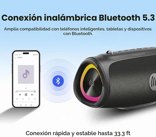 Vista 6 de TAZATA Altavoz Bluetooth inalámbrico, altavoces para exteriores Boombox con Negro