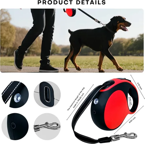Vista 2 de Correa retráctil para perro con luz LED recargable, correa de perro resistente de 16 pies para perros medianos y grandes de hasta 110 libras, 360°