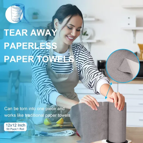 Vista 4 de Toallas de papel reutilizables lavables en rollo: paquete de 50 toallas de papel sin papel que se despegan de 12 x 12 pulgadas, toallas de tela Gris