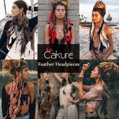 Vista 6 de CAKURE Diadema de plumas bohemias, tocado de plumas gitanas, diadema india, diadema de plumas largas, accesorios para el cabello
