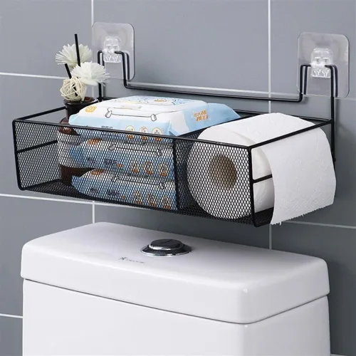 Vista 7 de Estantes de baño, organizador de baño de montaje en pared con 2 compartimentos, alambre de metal sin taladrar cesta organizadora para cuarto de Negro