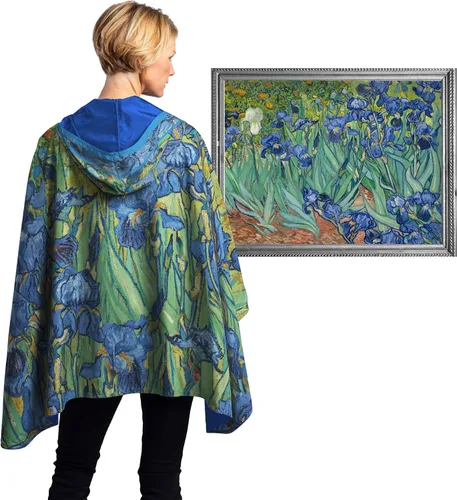 Vista 4 de RainCaper Capa impermeable para mujer, capa de lluvia con capucha, reversible, arte fino, Van Gogh Irises, talla única