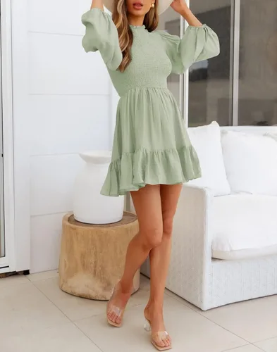 Vista 5 de Merzhiiry Vestido corto de verano con cuello cuadrado y manga abombada fruncida para mujer con volantes con vuelo acampanado estilo casual