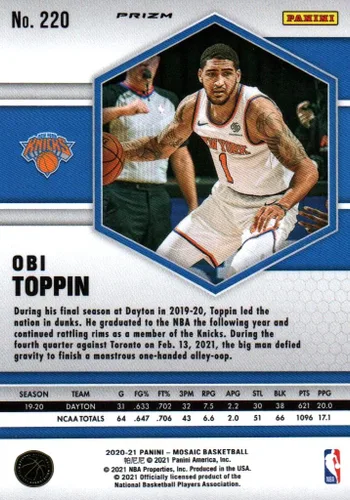 Vista 2 de Obi Toppin Red Prizm Mosaic Rookie Card Collectible Basketball Card - 2021 Panini Mosaic Basketball Card #220 (Knicks)