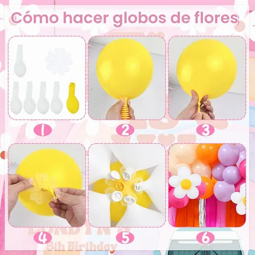 Vista 4 de Telón de fondo con flecos de arco de globos de color rosa y naranja, kit de arco de guirnalda de globos de margarita, serpentinas geniales