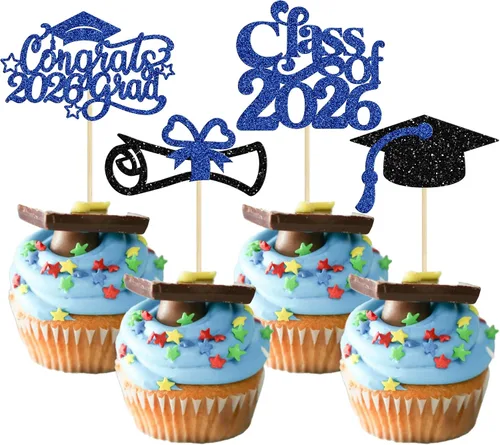 Vista 28 de Gyufise 24 piezas de decoración para cupcakes con purpurina para graduación 2026, decoración de pasteles para graduación 2026, decoración de Negro