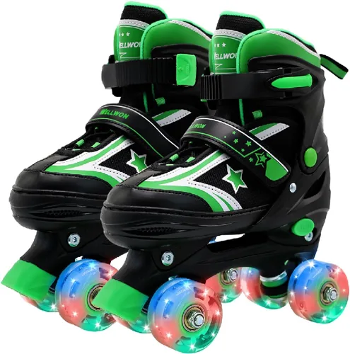 Vista 2 de Patines de ruedas para niños y niñas, 4 tamaños ajustables para niños con ruedas iluminadas, patines para niños y niñas de 5 a 8 a 12 años, verde