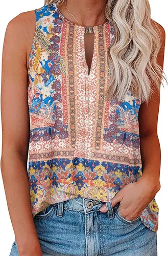 Vista 2 de Soesdemo Camiseta sin mangas para mujer, cuello en V, sin mangas, para verano, casual, holgada, para negocios, bonita, floral, básica