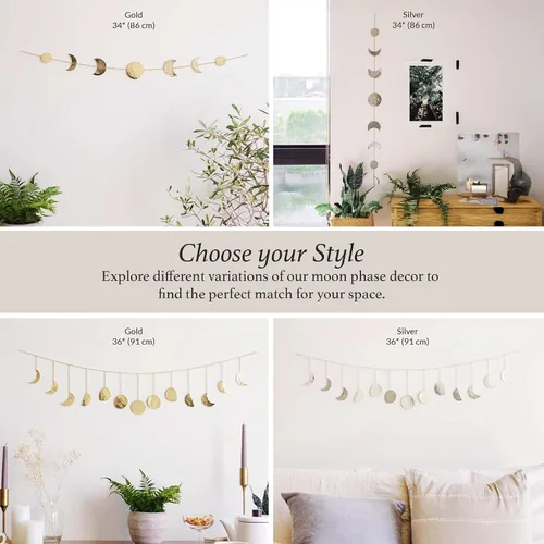 Vista 9 de BASE ROOTS Decoración de pared de fase lunar, arte de pared dorado para dormitorio, bohemia y astrología, estética de bruja 86 cm 7 fases de luna