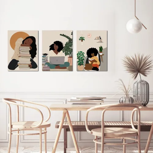 Vista 9 de Arte de pared bohemio afroamericano, decoración de pared de mujer negra, impresión en lienzo de niña negra, arte de lectura para mujer, decoración