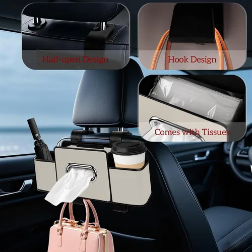 Vista 4 de Organizador de asiento trasero de automóvil con pañuelos, caja de pañuelos para el respaldo del asiento del automóvil y gancho de almacenamiento