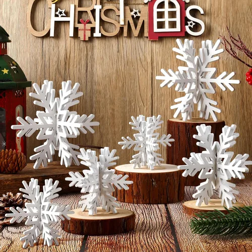 Vista 18 de Bucherry 12 piezas de decoración de mesa de copo de nieve de madera 3D con copos de nieve y centro de mesa para fiesta de congelados, Navidad