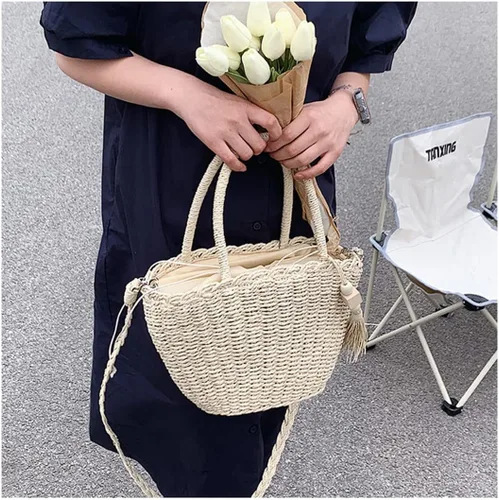 Vista 4 de Bolsos de paja para mujer, para verano, playa, tejido de ratán, con borla, para mujer