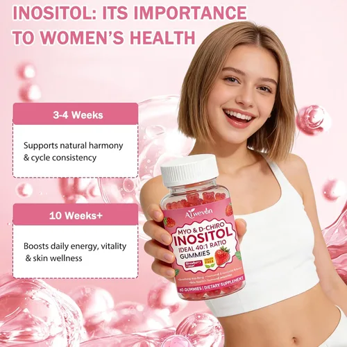 Vista 5 de Gomitas de mio-inositol y D-Chiro inositol proporción 40:1 - Suplemento de equilibrio hormonal para mujeres - Apoyo ovárico y fertilidad