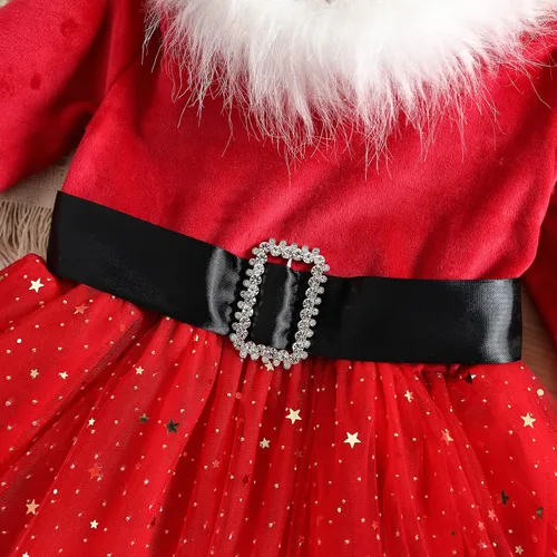 Vista 4 de Vestido de Papá Noel para bebé, vestido de Navidad rojo, disfraz de señora Claus para niñas, vestido de fiesta de Navidad de franela de manga larga