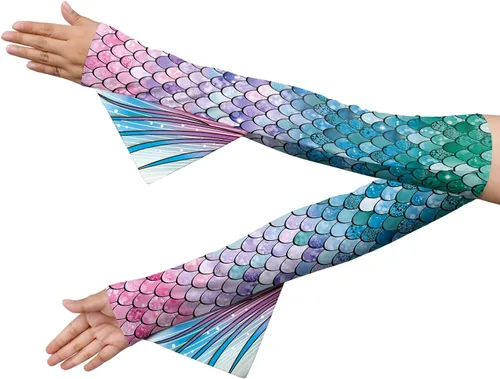 Vista 2 de color cosplayer Mermaid Gloves Fish Scales Arm Sleeves Sequin Gloves Fish Scale Fingerless Gloves with Fins