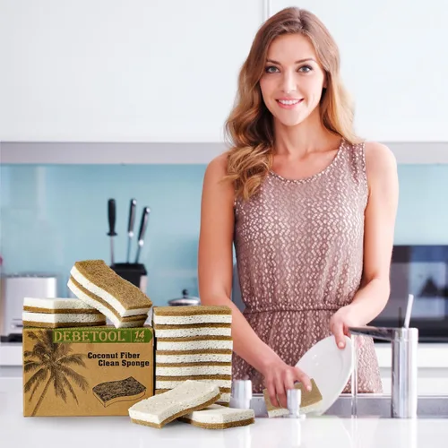Vista 5 de DEBETOOL Paquete de 14 esponjas de cocina naturales, esponjas ecológicas para cocina, esponja biodegradable de celulosa y coco, esponja de limpieza