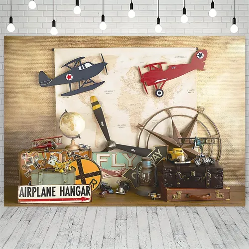 Vista 2 de Telones de fondo de sueño volador para niños, decoración de fiesta de primer cumpleaños, mapa piloto, avión, maleta de viaje, fondo de fotos, baby