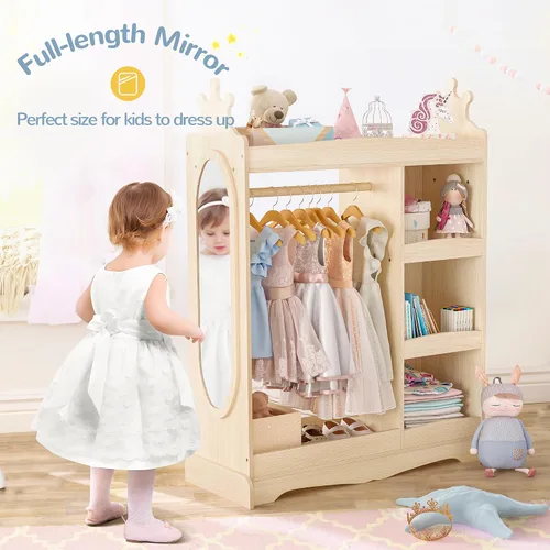 Vista 3 de Curipeer Almacenamiento de disfraces para niños con espejo, armario para niños con almacenamiento y 3 ganchos, armario para niños y niñas