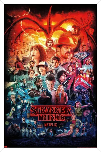 Vista 11 de Netflix Stranger Things - Póster de pared de tres temporadas formato one sheet, 22.4" x 14.7", versión con marco de madera de granero Versión