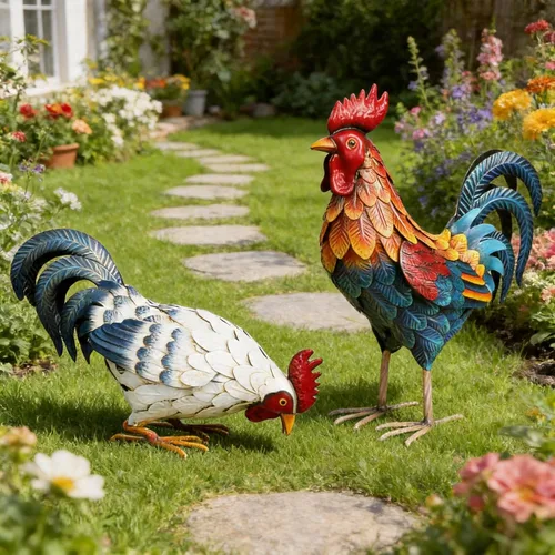Vista 7 de Shorayn Estatuas de gallo de metal, decoración de pollo de metal para jardín al aire libre, esculturas de jardín, adornos de pollo, arte de patio
