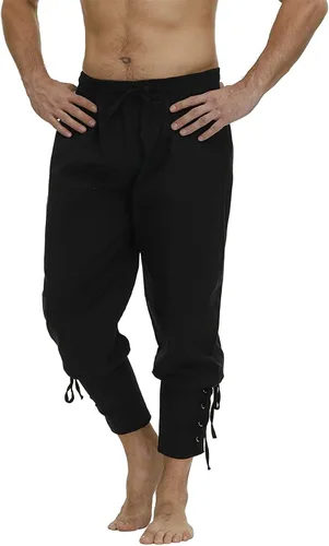 Vista 2 de Pantalones medievales de tobillo cónico con puños cónicos para hombre, disfraz vikingo, navegante, pirata, renacentista, gótico, pantalones casuales