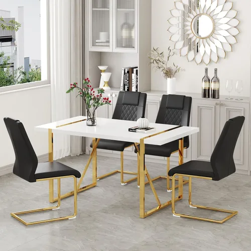 Vista 27 de Juego de mesa de comedor moderna de 55 pulgadas para 4, mesa de comedor negra y marco de metal dorado, mesa de comedor rectangular con 4 sillas