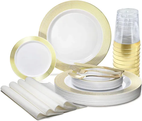 Vista 9 de Occasions" - Juego de 125 piezas (25 invitados) - Platos y cubiertos de plástico para boda, vajilla pesada desechable de 10.5 pulgadas, 6.25