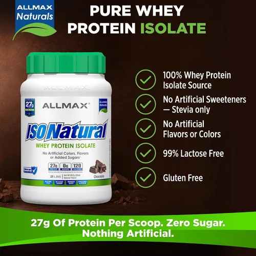 Vista 2 de ALLMAX ISONATURAL - Polvo aislado de proteína de suero de leche, 0.95 oz de proteína por cucharada, sin azúcar, cero grasa, 99% sin lactosa, sin