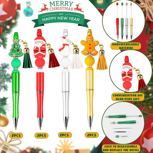 Vista 4 de CZWZ 8 piezas de bolígrafos de cuentas navideños, bolígrafos de plástico con cuentas y cuentas de silicona multicolor, bolígrafos navideños