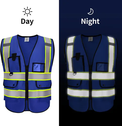 Vista 3 de Chaleco Reflectante Clase 2 de Seguridad ANSI con Bolsillos y Cremallera de Alta Visibilidad Uniforme de Construcción K-azul