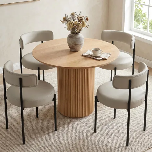 Vista 34 de Juego de 2 sillas de comedor Boucle, sillas de comedor beige con asiento tapizado y respaldo redondo, sillas de cocina modernas de mediados de siglo