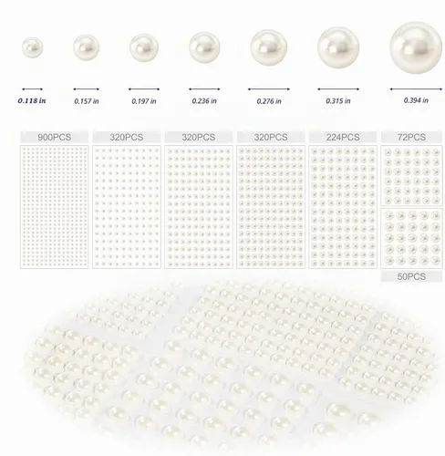 Vista 5 de 14 hojas de calcomanías autoadhesivas de perlas, calcomanías de perlas para el cabello, 7 tamaños 3-4-5-6-7-0.315-0.394 in, utilizadas para Blanco